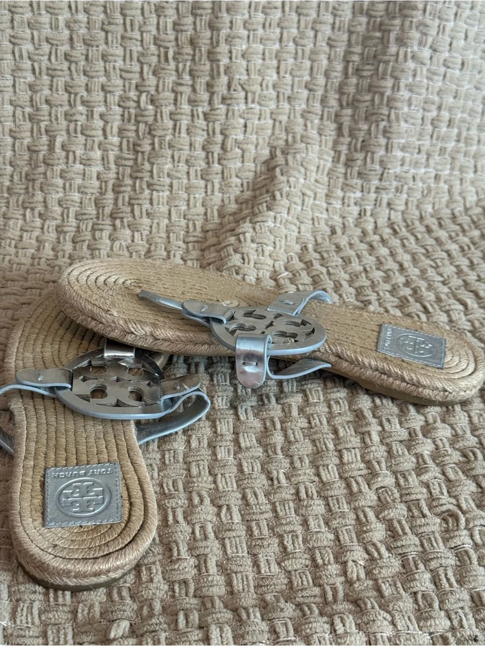 Tory Burch Silver Logo Rope-Trim Thong Sandals